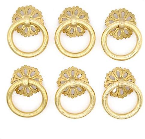 6 PCs Vintage Golden Ring Pulls with Hollowed-Out Dome Base - Pure Solid Brass Cabinet Hardware - Ri | Amazon (US)