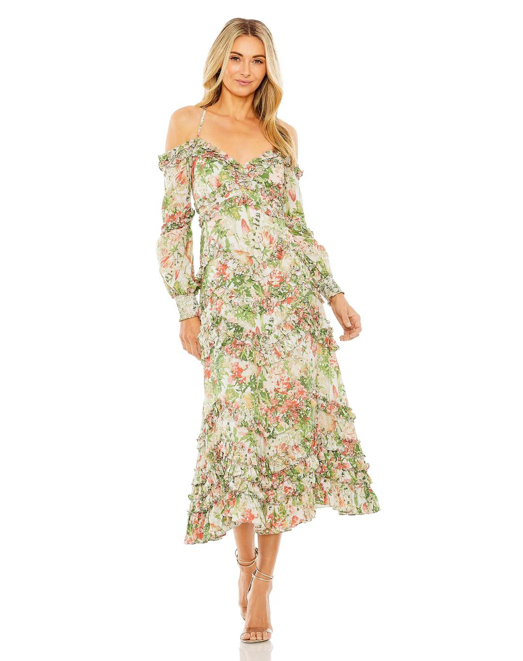 Floral Long Sleeve Ruffle Detail Dress | Mac Duggal