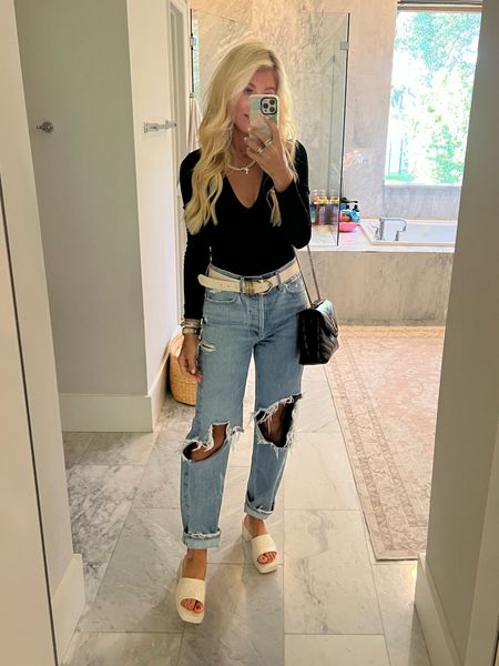 Deep v neck amazon bodysuit and my fav jeans of all time (size down a size or even 2!) Easy date night outfit rubber heels summer sandals summer shoes Gucci 90s jeans baggie jeans 

#LTKunder50 #LTKshoecrush #LTKstyletip