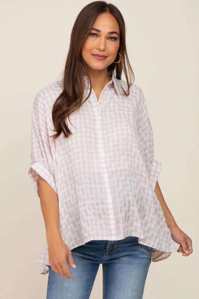 Beige Gingham Button Up Collared Boxy Maternity Top | PinkBlush Maternity