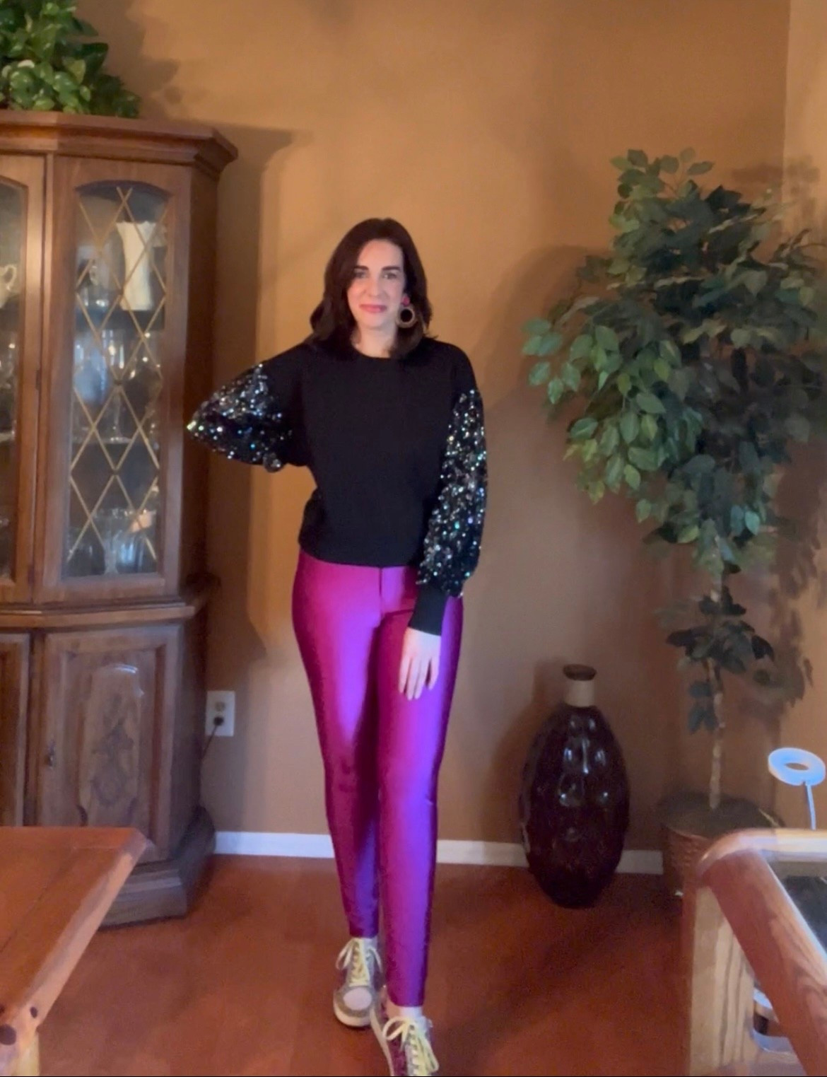 Black sequin sweater (small). Pink high waisted leggings (small). Multicolor leopard sneakers (8.5). #sweater #sequinsweater #blacksweater #leggings #pinkleggings #leopardsneakers #multicolorsneakers #highwaistedleggings #sneakers #valentinesdayoutfit #datenightoutfit 
valentines outfit women 
date night outfits 

#LTKFindsUnder100 #LTKFindsUnder50

#LTKSeasonal #LTKValentine