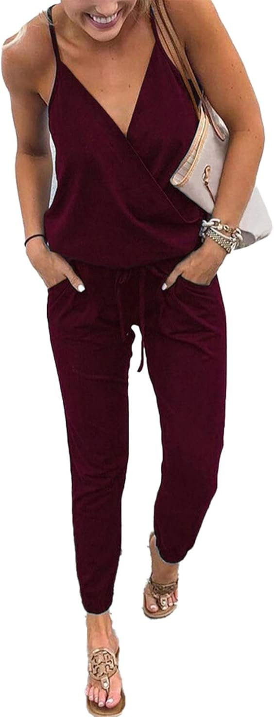 PRETTYGARDEN Women's Summer Casual Deep V Neck Short Sleeve Wrap Drawstring Waist Jumpsuit Romper | Amazon (US)