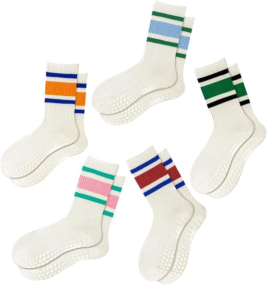 Yawlsow Pilates Grip Socks for Women Yoga Grippy Striped Retro Crew Socks Non Slip Sticky Barre S... | Amazon (US)