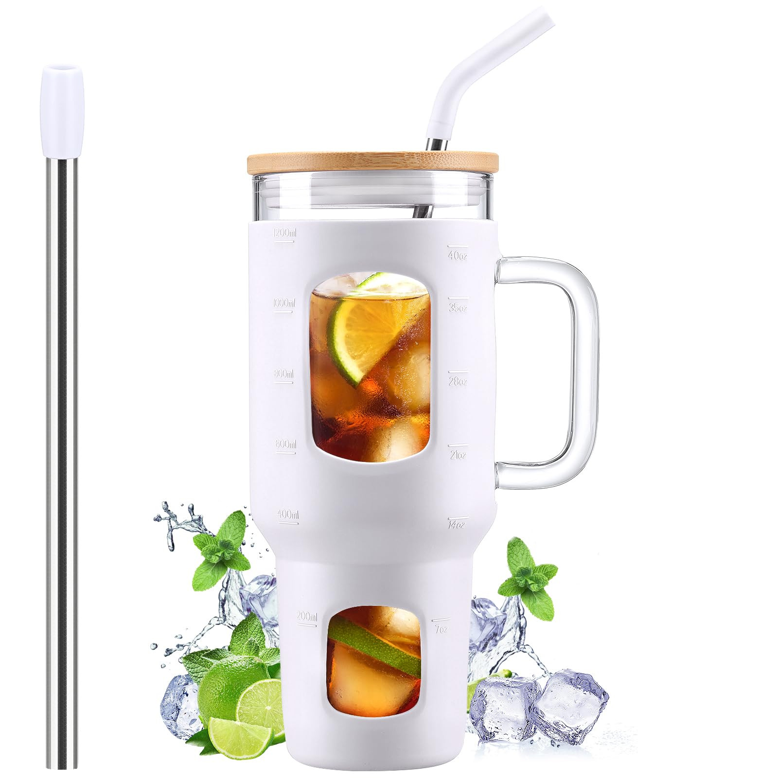 Glass Tumbler with Straw and Lid, 40 oz glass cup with handle, Glass Water Bottles with Time Mark... | Amazon (US)