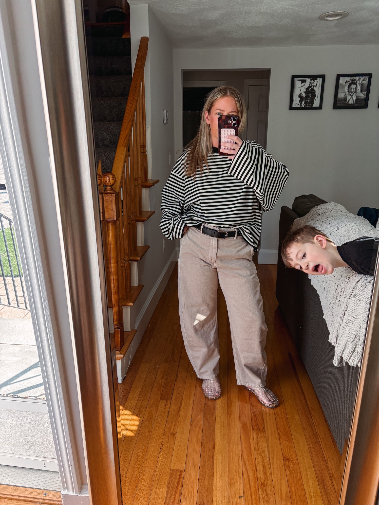 business casual workwear
Teacher outfit for the win! 
Striped drapey long sleeve 
Barrel khakis 
Clear jelly mules 

#LTKootd #LTKWorkwear #LTKPetite