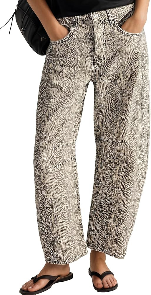 Womens Barrel Jeans Baggy Mid-Low Rise Jeans Y2k Floral Printed Denim Leopard Pants Ankle Boyfrie... | Amazon (US)
