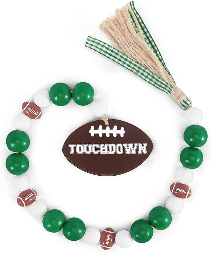 Football Wood Bead Garland with Jute Rope Plaid Tassels Touchdown Wooden Tag Farmhouse Rustic Foo... | Amazon (US)