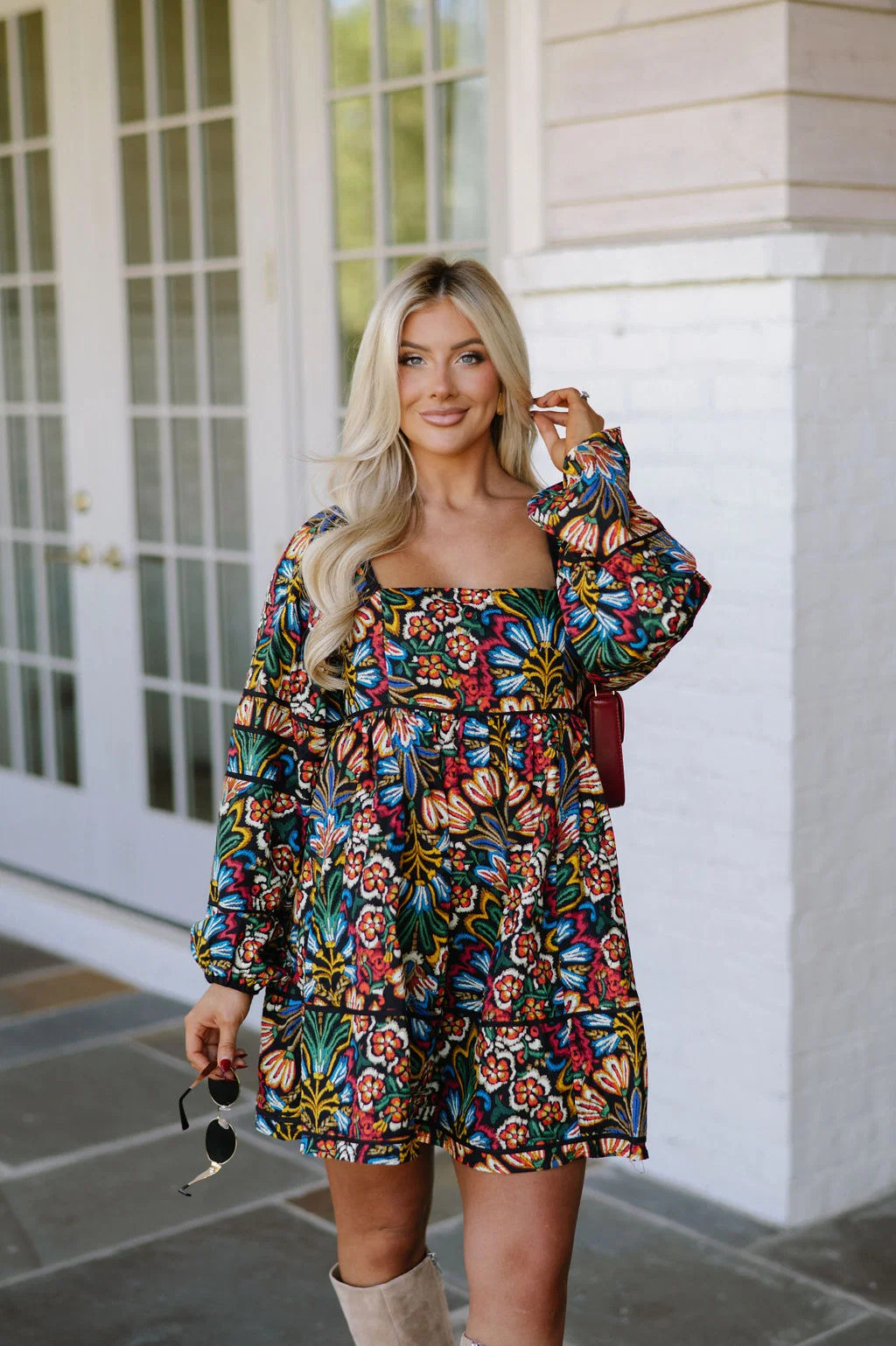 Theo Square Neck Dress- Black/Multi | These Three