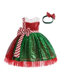 Young Girls' Patchwork Red & Green Color Collision Beaded Mesh & Satin Fluffy Dress With Hair Acc... | SHEIN