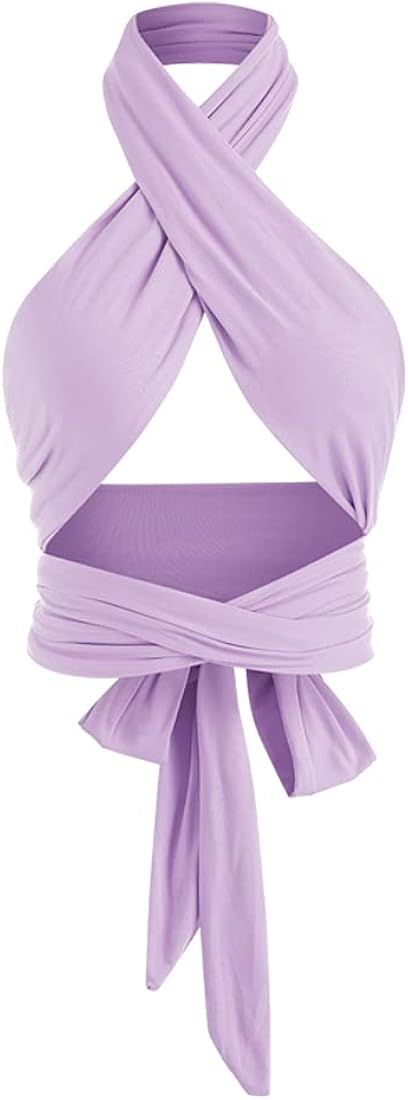 ZAFUL Women's Bohemian Flower Print Crisscross Tie Back Multiway Crop Tank Top(A-Light Purple,One... | Amazon (US)