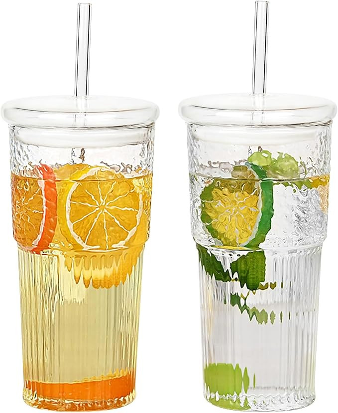 GOSCHE Glass Cups with Lids and Straws, 20oz Glass Cups Drinking Jar, Clear Iced Coffee Cups, Vin... | Amazon (US)