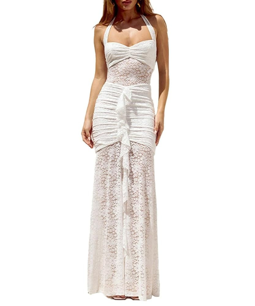 Womens Sexy Halter Backless Maxi Dress Lace Ruched High Slit Summer Dresses Party Cocktail Prom L... | Amazon (US)