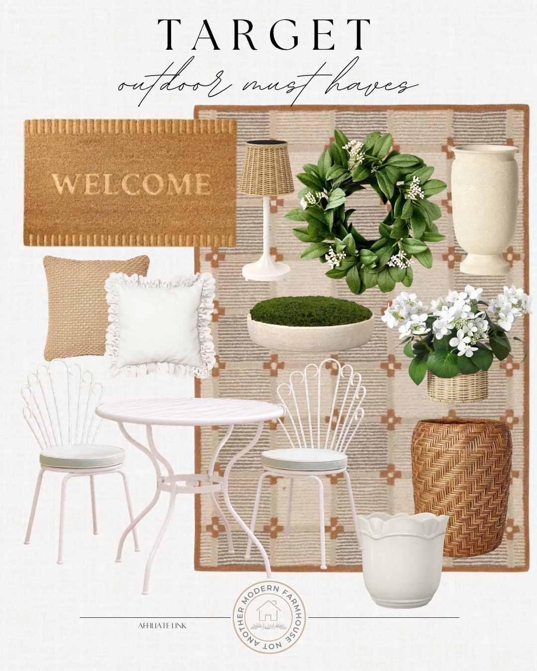 Outdoor must haves from target include planters, outdoor rug, outdoor bistro set, outdoor pillows, welcome mat, outdoor lamp, wreath, outdoor faux plants. 

Outdoor decor, outdoor living, looks for less, home decor

#LTKHome #LTKSeasonal #LTKSaleAlert