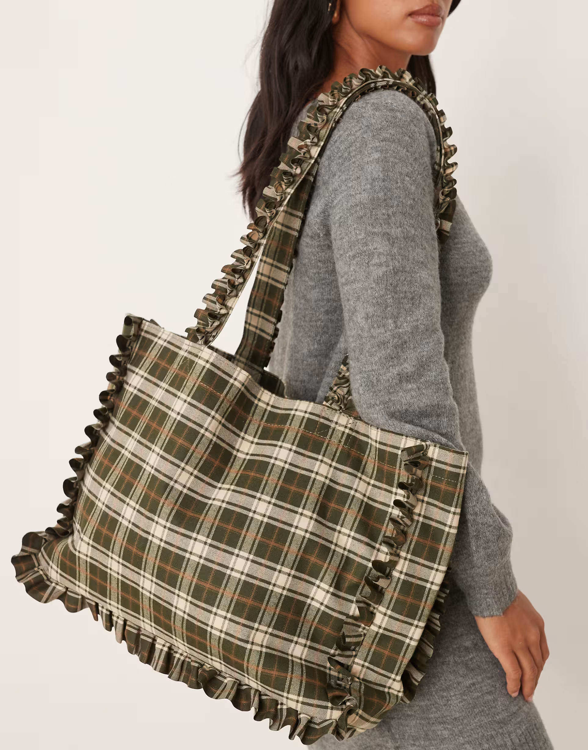 My Accessories ruffle tote bag in olive green plaid | ASOS (Global)