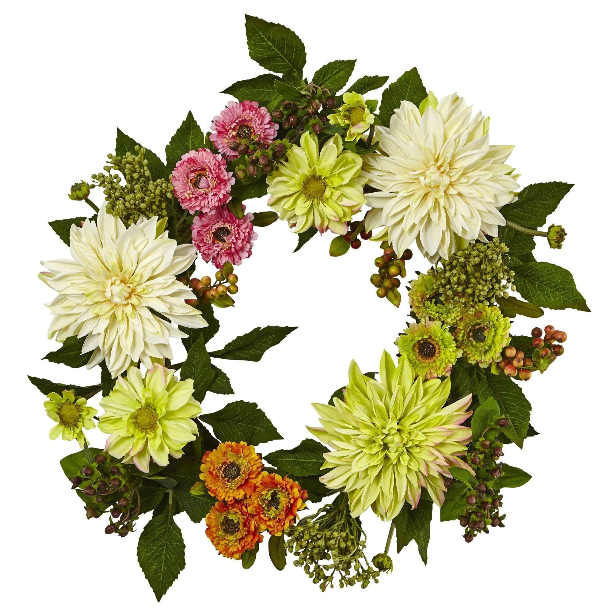 22” Dahlia & Mum Wreath - Spring Vibe | Nearly Natural | Nearly Natural