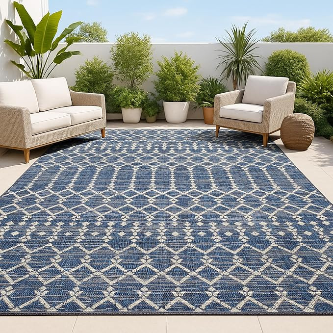 JONATHAN Y Moroccan Geometric Indoor Outdoor Area Rug 8X10 Navy/Beige, Ourika Textured Weave for ... | Amazon (US)
