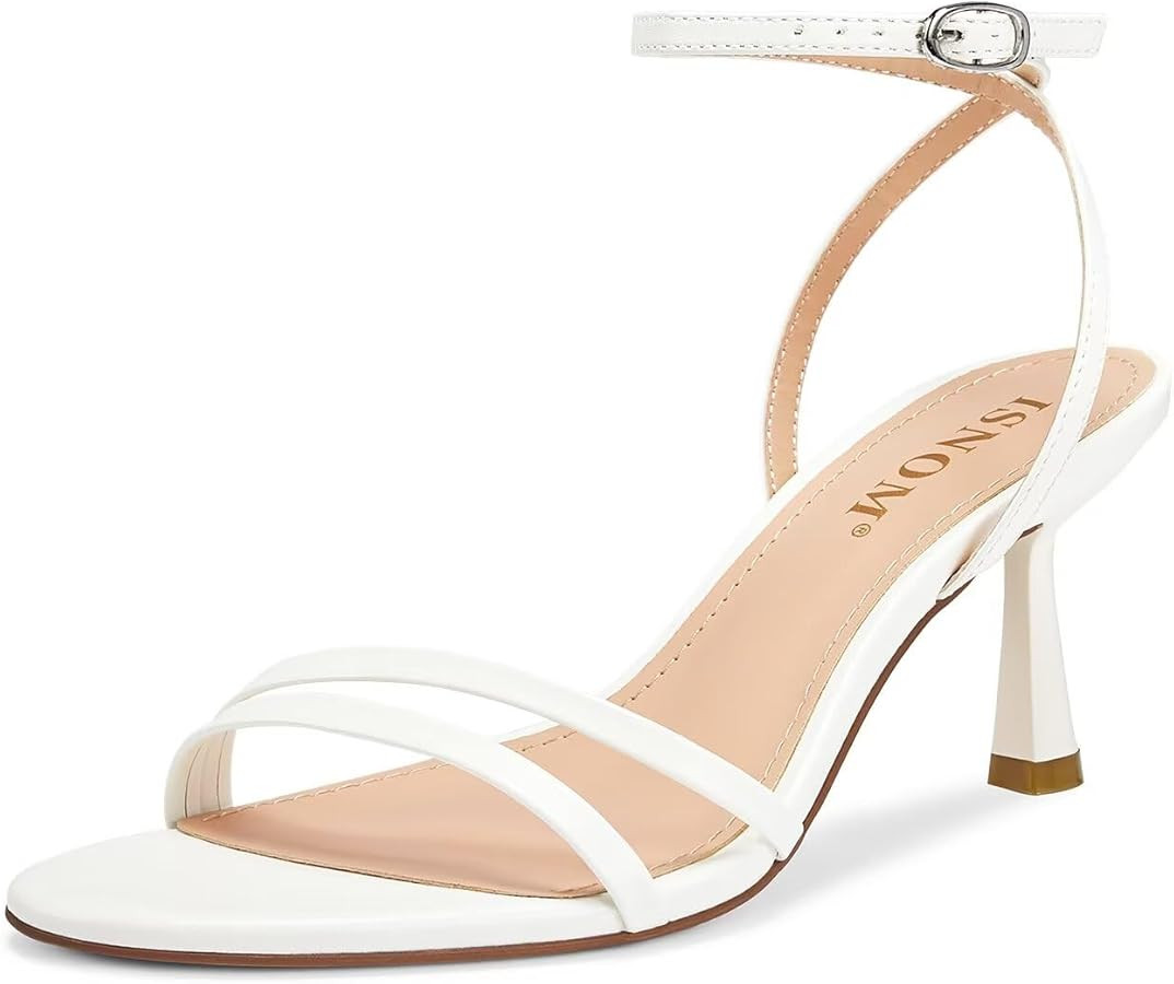 ISNOM Womens Sandals Round Toe Low Heels Strappy Ankle Strap Kitten Heel Comfort Dress Party Shoe... | Amazon (US)