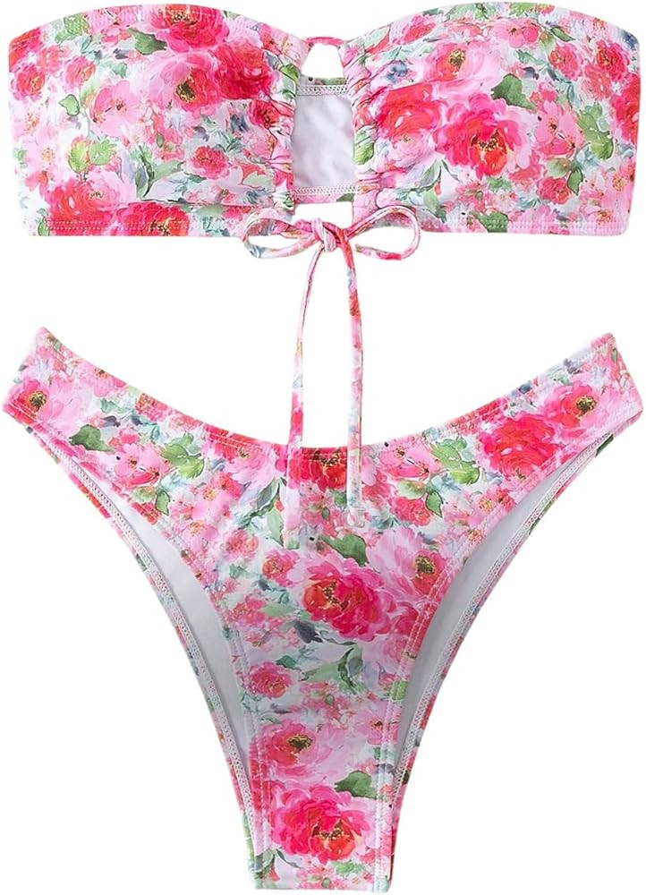 WDIRARA Women's 2 Piece Floral Ruched Hollow Out Bandeau Swimsuit Tie Front High Cut Bikini Set | Amazon (US)
