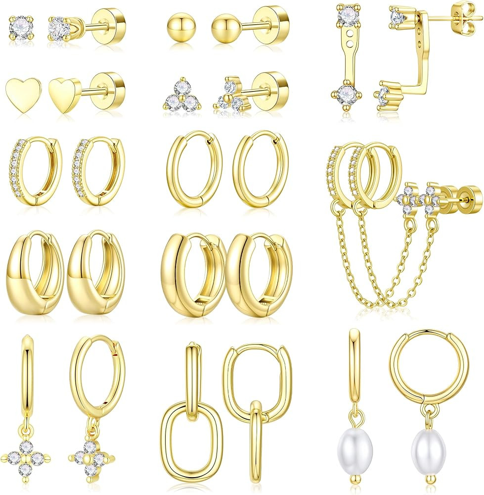 Turandoss 13 Pairs Gold Hoop Earrings for Women, Hypoallergenic 14K Gold Plated Hoop Stud Huggie ... | Amazon (US)