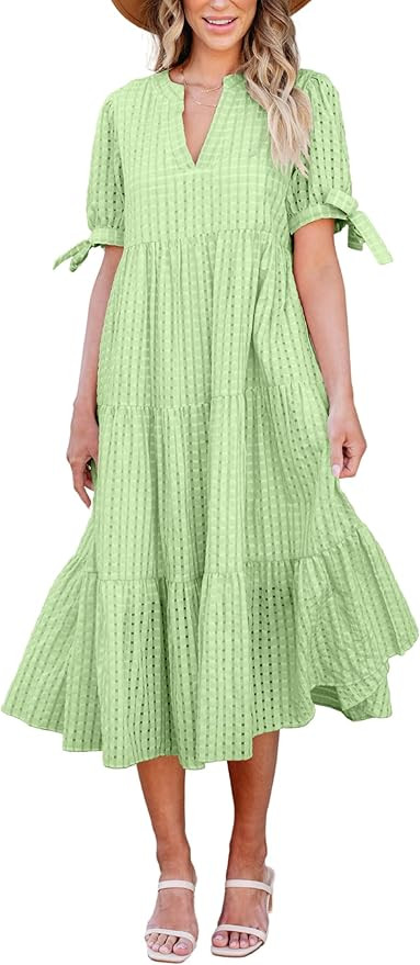 Theenkoln Womens Casual Midi Dress: Short Sleeve V-Neck Empire Waist Gingham Spring Fashion Long ... | Amazon (US)