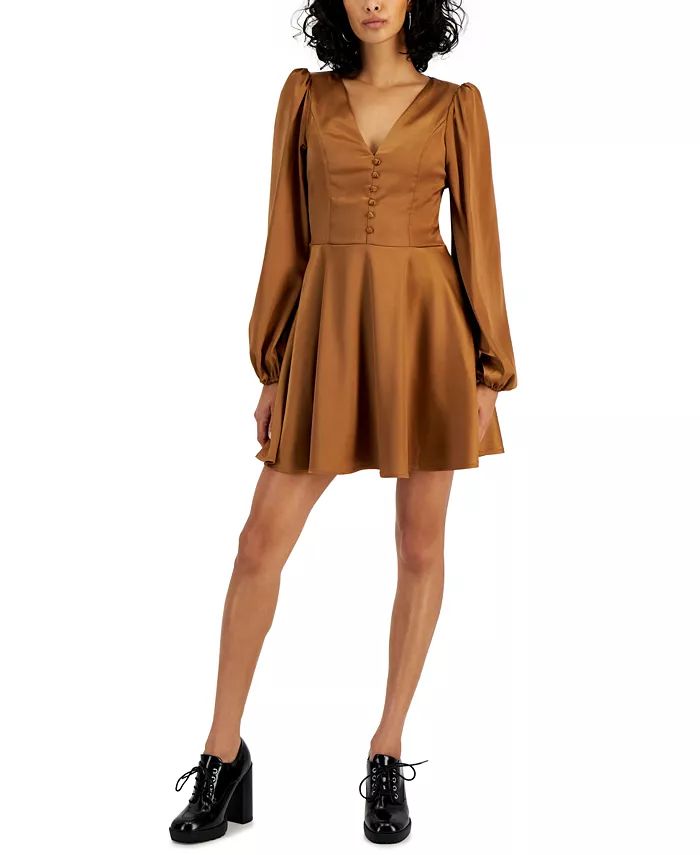 Juniors' Satin Button-Front Long-Sleeve Dress | Macy's