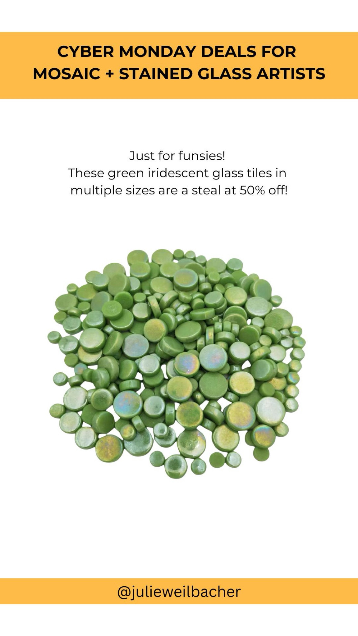 Sharing gorgeous green, iridescent round glass tile which is on a cyber Monday special for 50% off! ✨ Tiles can be cut down and shaped using wheeled glass nippers. ✨ For mosaic tips, tutorials, inspiration, and so much more please visit my YouTube channel: YouTube.com/julieweilbacher. Follow @julieweilbacher on Instagram for all things mosaic art. green tile - iridescent green - mosaic - glass tile - tile crafts - glass art - mosaic art

#LTKFindsUnder50 #LTKCyberWeek #LTKGiftGuide