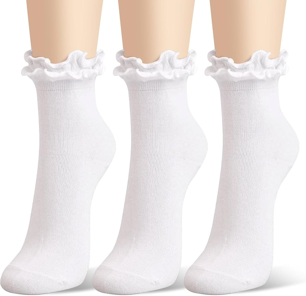 3 Pairs Women's Double Ruffle Frilly Socks - Thick White Ruffle Socks with Soft Cotton, Cute Lett... | Amazon (US)