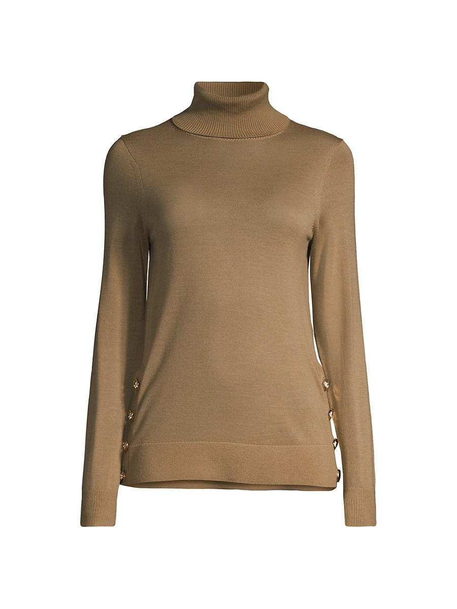 Women's Side-Button Merino Wool Turtleneck Sweater - Dark Camel - Size XL | Saks Fifth Avenue