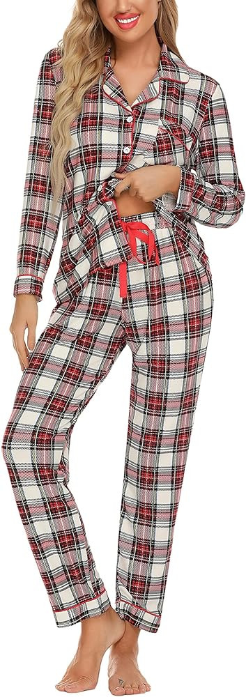 Anjue Pajamas for Women Soft Button Up Pajama Set Long Sleeve Shirt and Pajama Pants Lounge Sets ... | Amazon (US)