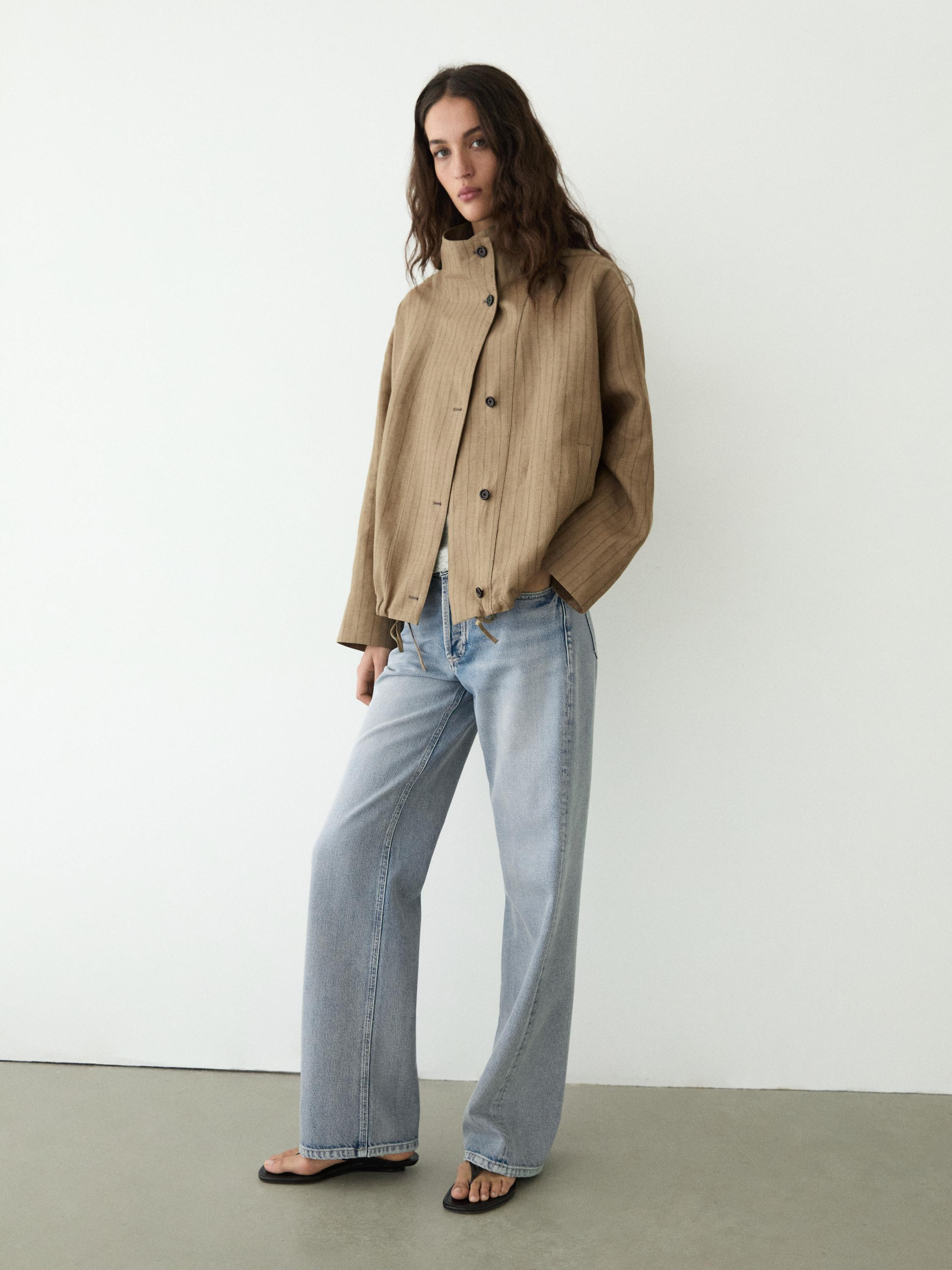 Striped linen blend bomber jacket | Massimo Dutti US