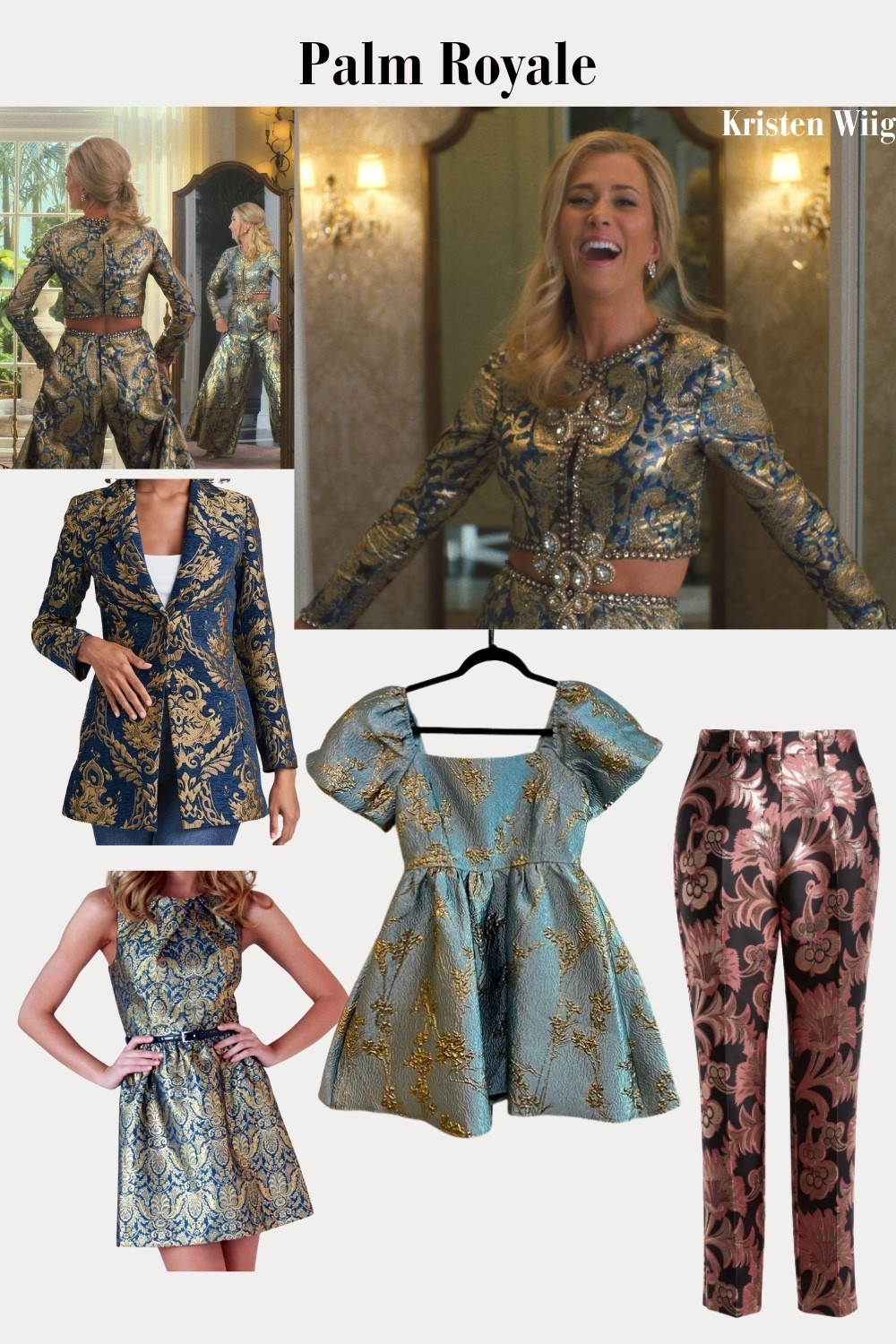 Maxine Simmons Outfit 2 Episode 2 - Maxine wearing a navy blue and gold silk brocade top and palazzo pants.