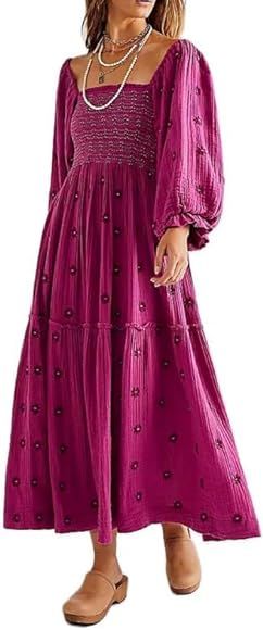 Women Square Neck Puff Sleeve Embroidered Maxi Floral Flowy Long Dress High Waist Flower Tiered A Li | Amazon (US)