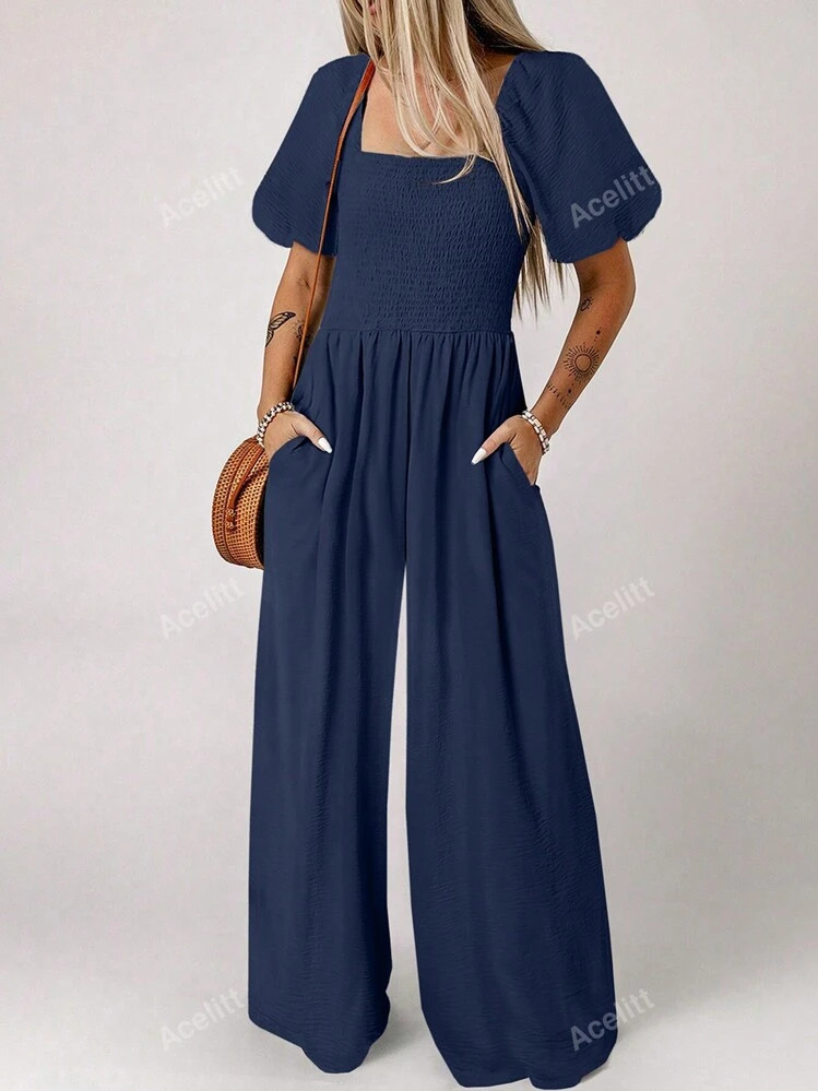 Acelitt Women's Solid Simple Square Neck Casual Jumpsuit, Loose Fit Short Sleeve | SHEIN