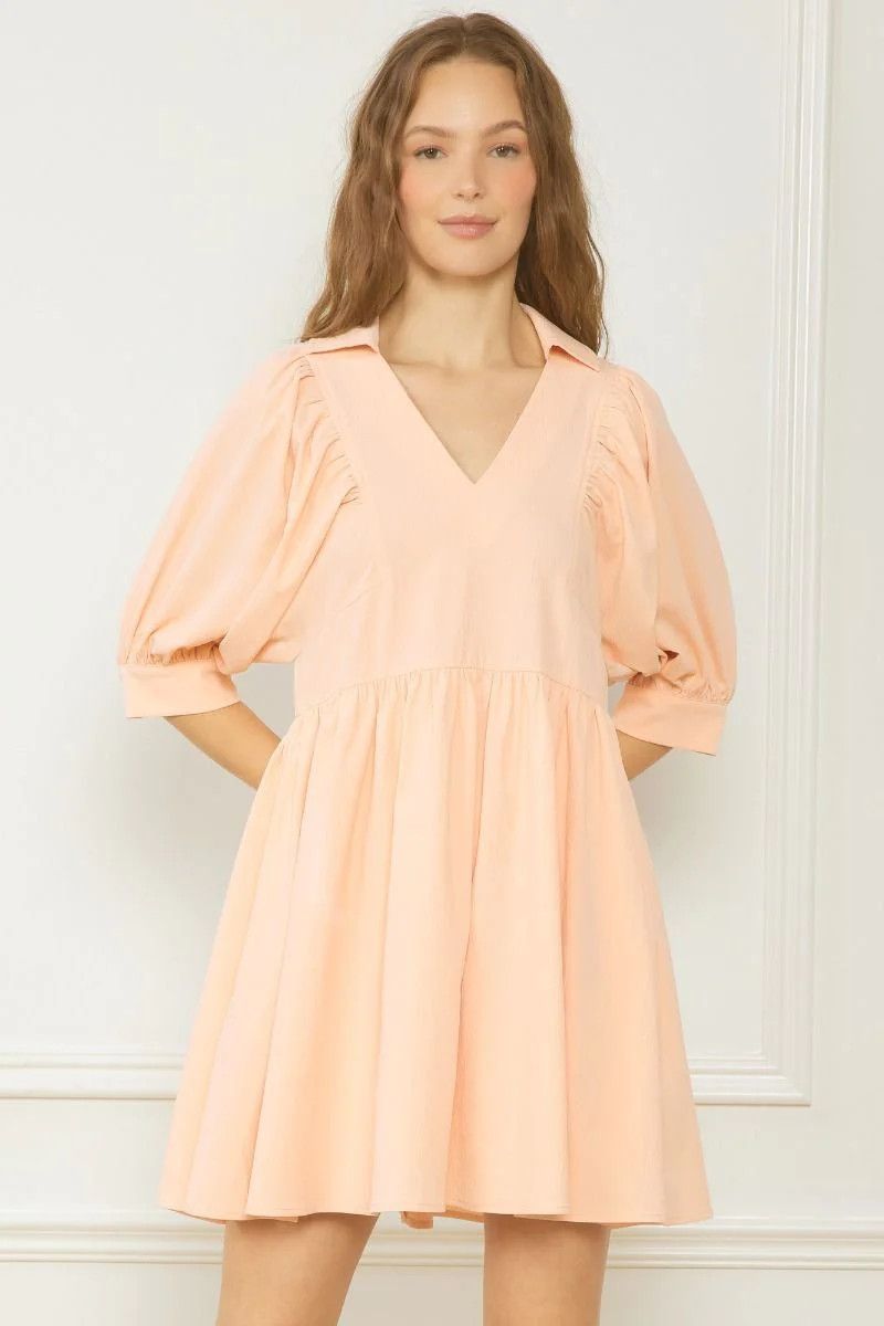 V-Neck Mini Dress - Peach | Shop BIRDIE