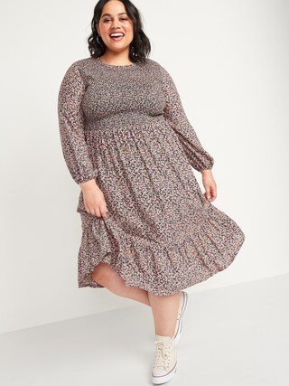 Smocked Floral-Print Fit & Flare Plus-Size Midi Dress | Old Navy (US)