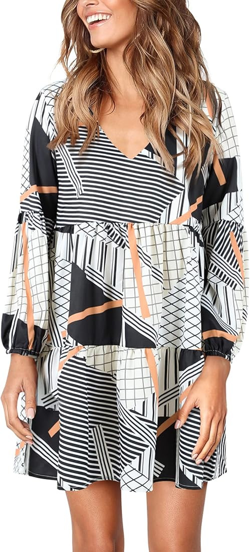 Women Summer Tunic Dress V Neck Casual Loose Flowy Swing Shift Dresses | Amazon (US)