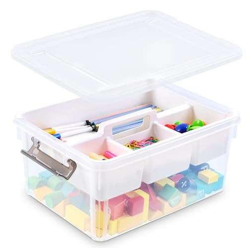 Bienvoun 17 QT Plastic Storage Box with Handle Removable Tray Craft Organizers and Storage Container Stackable Clear Storage for Bead,Crayon,Tool,Sewing,Playdoh | Amazon (US)