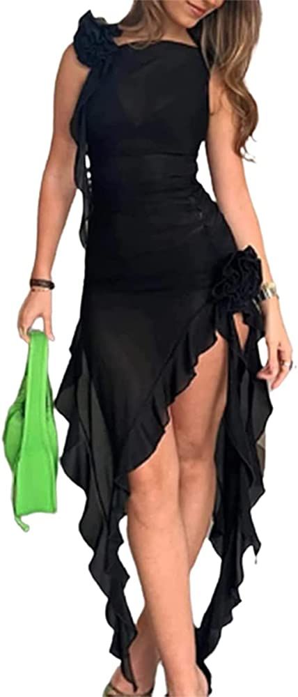 ABYOVRT Women 3D Flower Irregular Ruffle Dress Y2k Sleeveless Split Long Dress Strapless Mesh Tube D | Amazon (US)