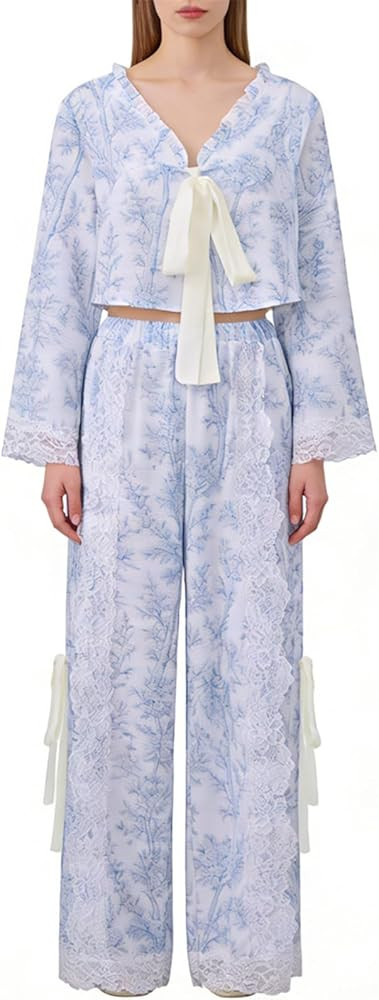 Thopavenoir Womens Lace Ruffle Pajama Set 2 Piece Tie Front Cute Floral Printed Cotton Shirt and ... | Amazon (US)