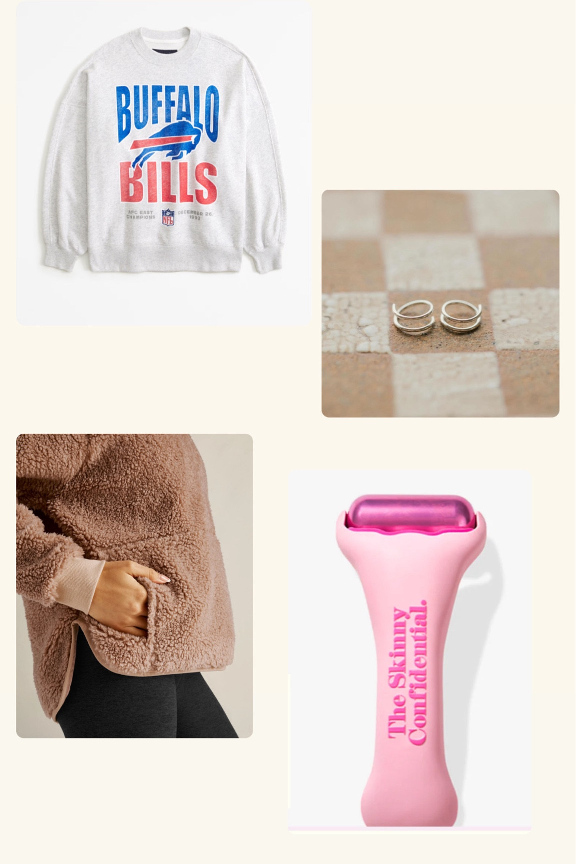 Recent favorites 😊 

Abercrombie Oversized Sunday Crew and Beyond Yoga Take Flight Pullover: ordered both in XL. VERY comfortable & I get a lot of compliments on them - not too tight not too loose….& great arm length for my fellow tall ladies 🫶🏼 

I’ve worn Hello Adorn 8mm (they also have a 6mm option!) Tiny Twist Earrings for YEARS - best everyday earrings that won’t fall out or tarnish in anyway…they’re truly superior. 

I recently upgraded my daily facial ice roller to TSC and I’m amazed at just how long it stays cold after you remove it from freezer! Also, phenomenal quality 💖 and, it’s pretty! 