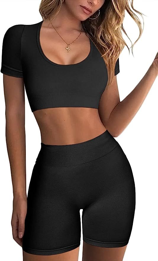 QINSEN Women's Seamless 2 Piece Workout Outfits High Waist Yoga Shorts GMY Yoga Crop Top Sets | Amazon (US)