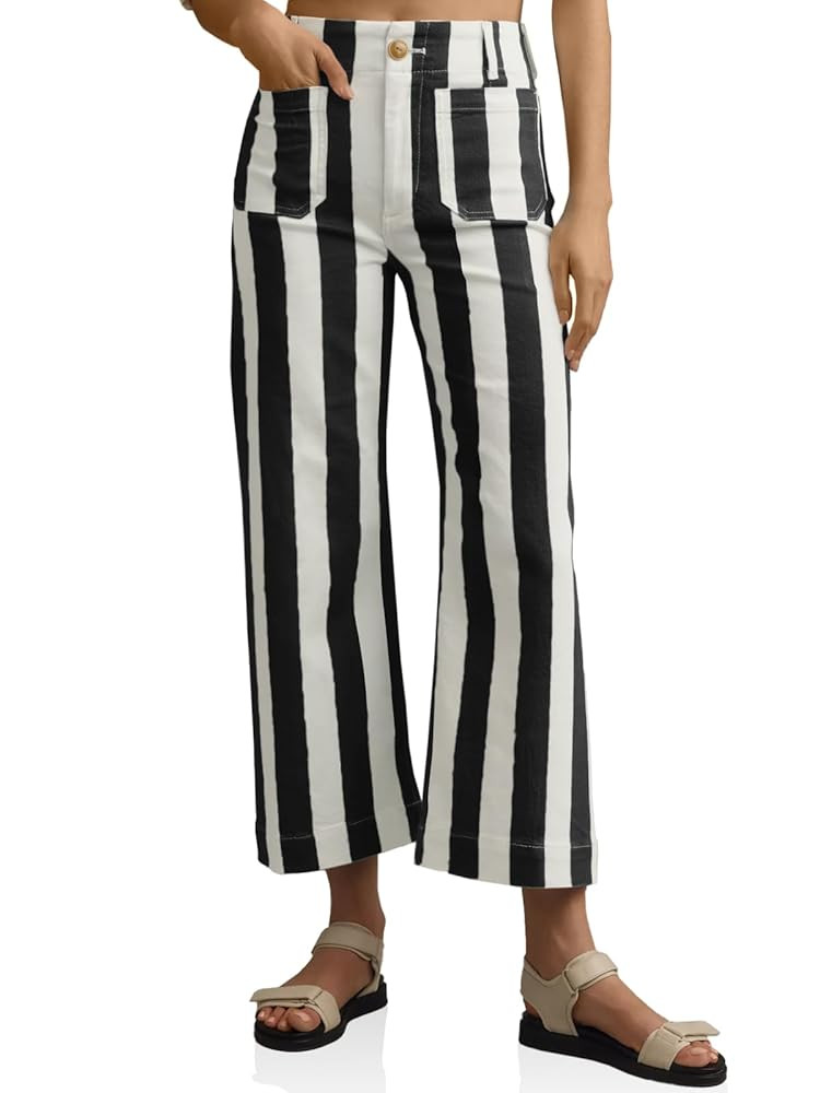 Tankaneo Womens Cropped Striped Jeans Casual High Waisted Stretchy Straight Leg Denim Pants with ... | Amazon (US)