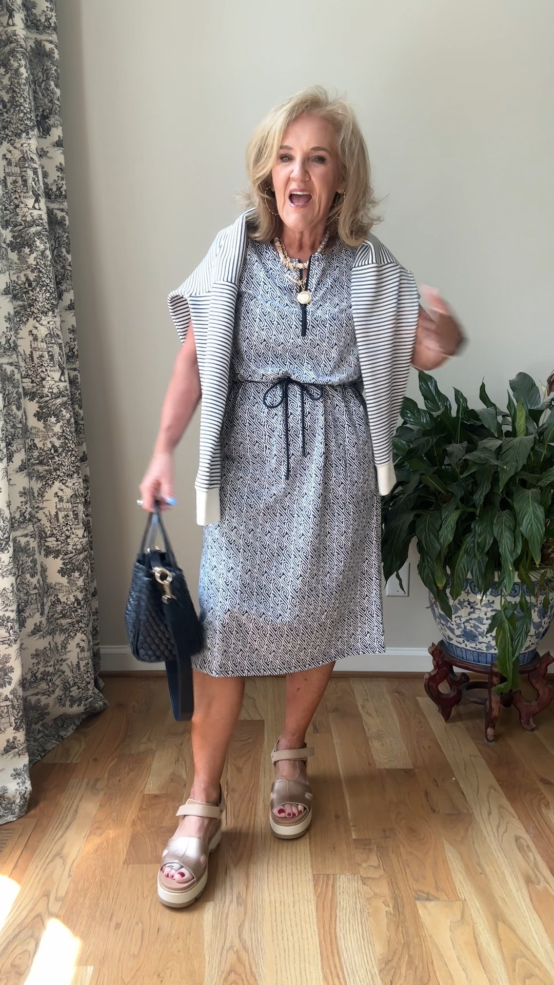 I love this dress. It’s perfect for these hot days if you don’t wear shorts. Wearing a size small…I did size down. 
Spanx crewneck size large. I like it bigger. 
Favorite Anthropologie purse!
Very comfy sturdy shoes  

#LTKSaleAlert #LTKOver40 #LTKFindsUnder100