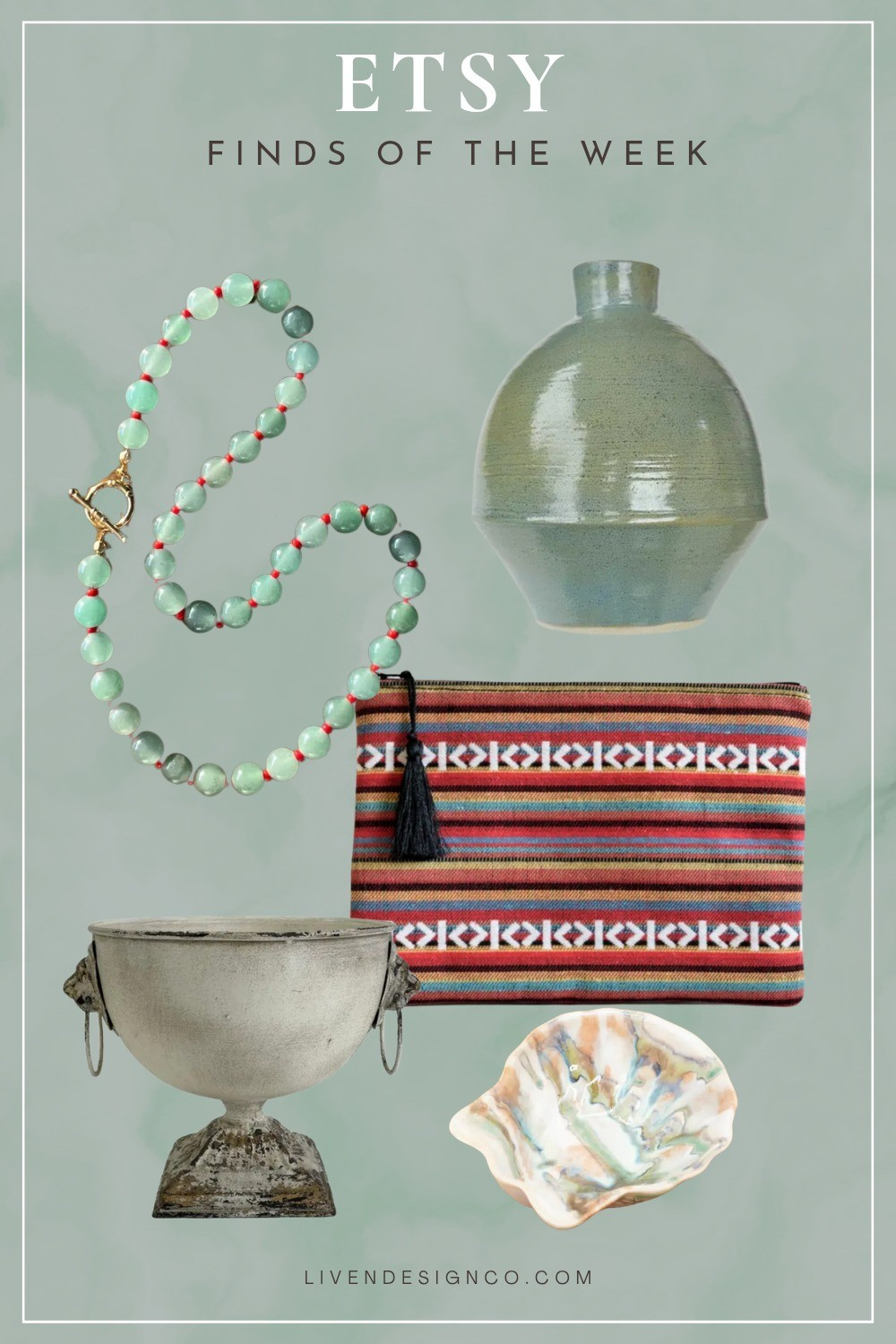 Etsy finds of the week. Home decor. Vintage. Beaded necklace. Handmade. Artisan. Pottery. Woven clutch. 

#LTKSeasonal #LTKHome #LTKSaleAlert