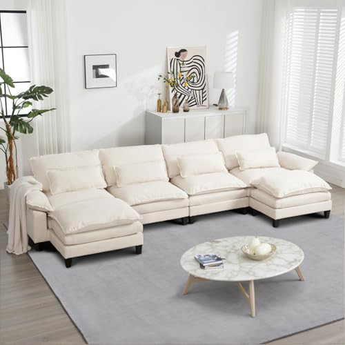 Ucloveria Modular Sectional Sofa, 155" Oversized U-Shaped Couches for Living Room, 4-Seater Comfy Cloud Couches with Movable Ottomans, 4 Sofa Pillows, DIY Combination, Velvet (Beige) | Amazon (US)