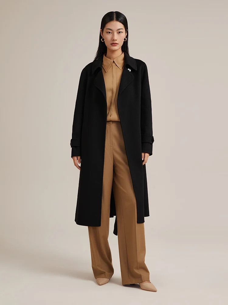 Black Double Face Cashmere Long Women Coat | GOELIA