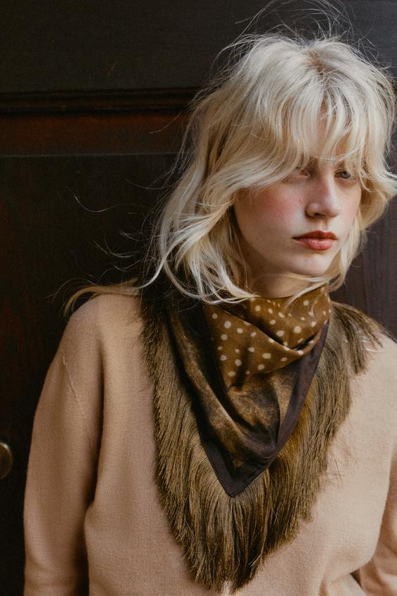 PRINTED SILK-BLEND FRINGED SCARF - Green - M | Zara US