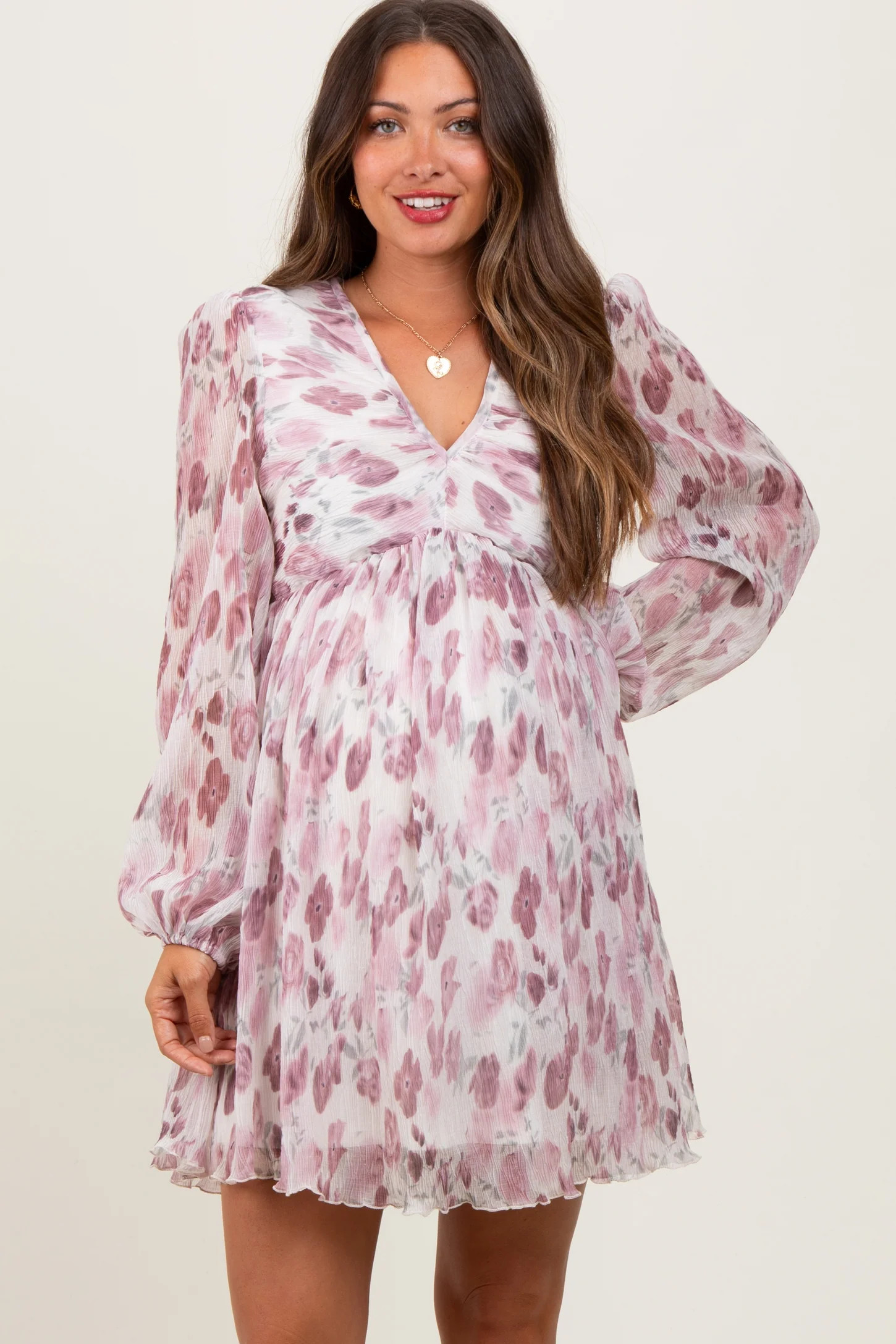 Cream Floral Chiffon Plisse Maternity Mini Dress | PinkBlush Maternity