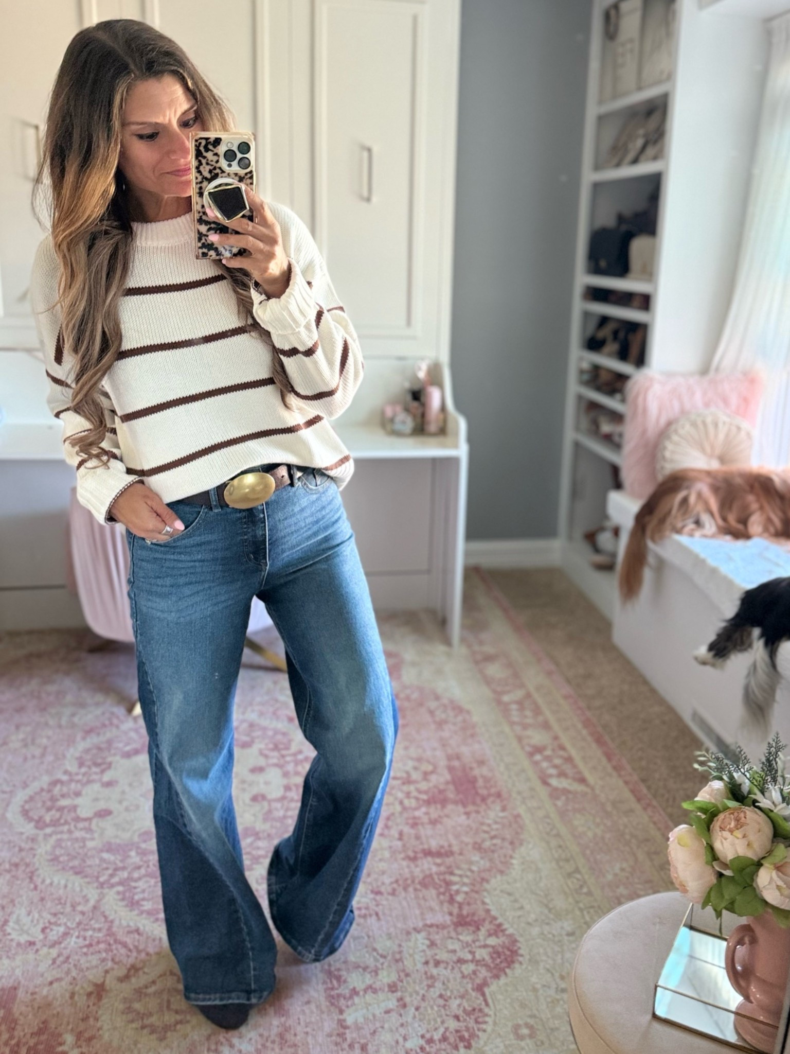 How to style a striped sweater with wide leg jeans