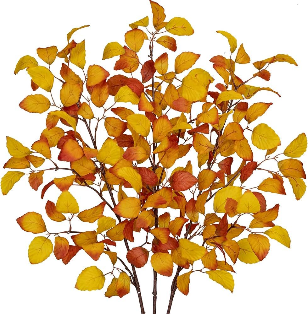 3PCS Artificial Fall Leaf Stems Autumn Leaves Fake Fagus Sylvatica Folige Gold Faux Beech Leaf Br... | Amazon (US)